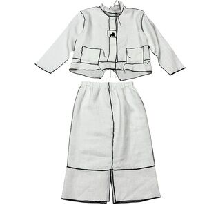 Vintage XiAO White Linen 2 Piece Set Contrast Stitch Jacket Skirt Minimalist Sma